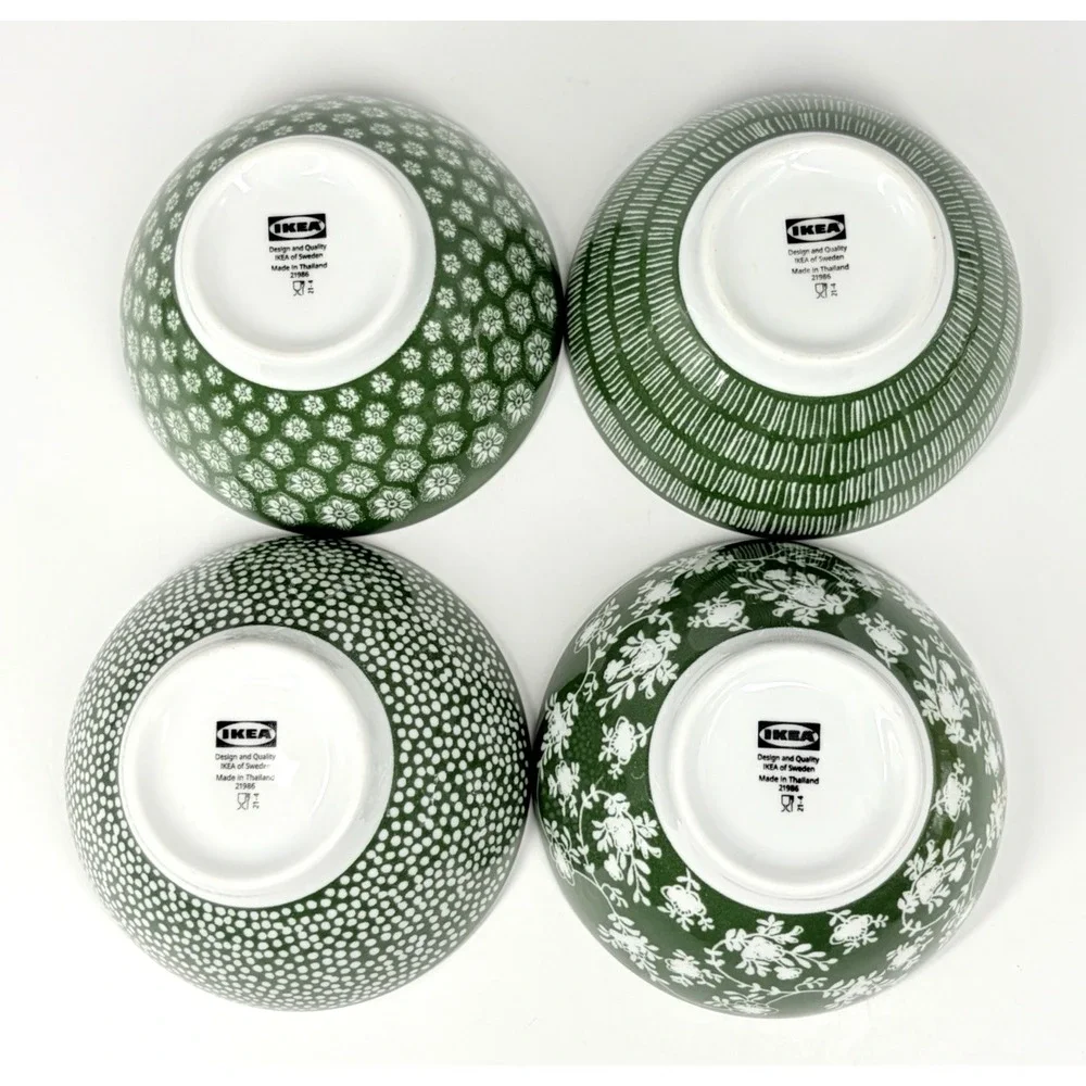 IKEA Entusiasm Mixed Pattern Green Bowls Set of 4 Floral Dot Stripe Soup Cereal